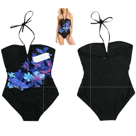 Calvin Klein BLACK MULTI ISLAND FLORAL SHIMMER V-Wire One-Piece Swimsuit - Picture 9 of 11